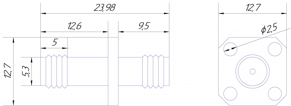 Переходник SMA(female) - SMA(female), на корпус, фланец, 4 отв. диам. 2,5 мм 8,5х8,5 мм